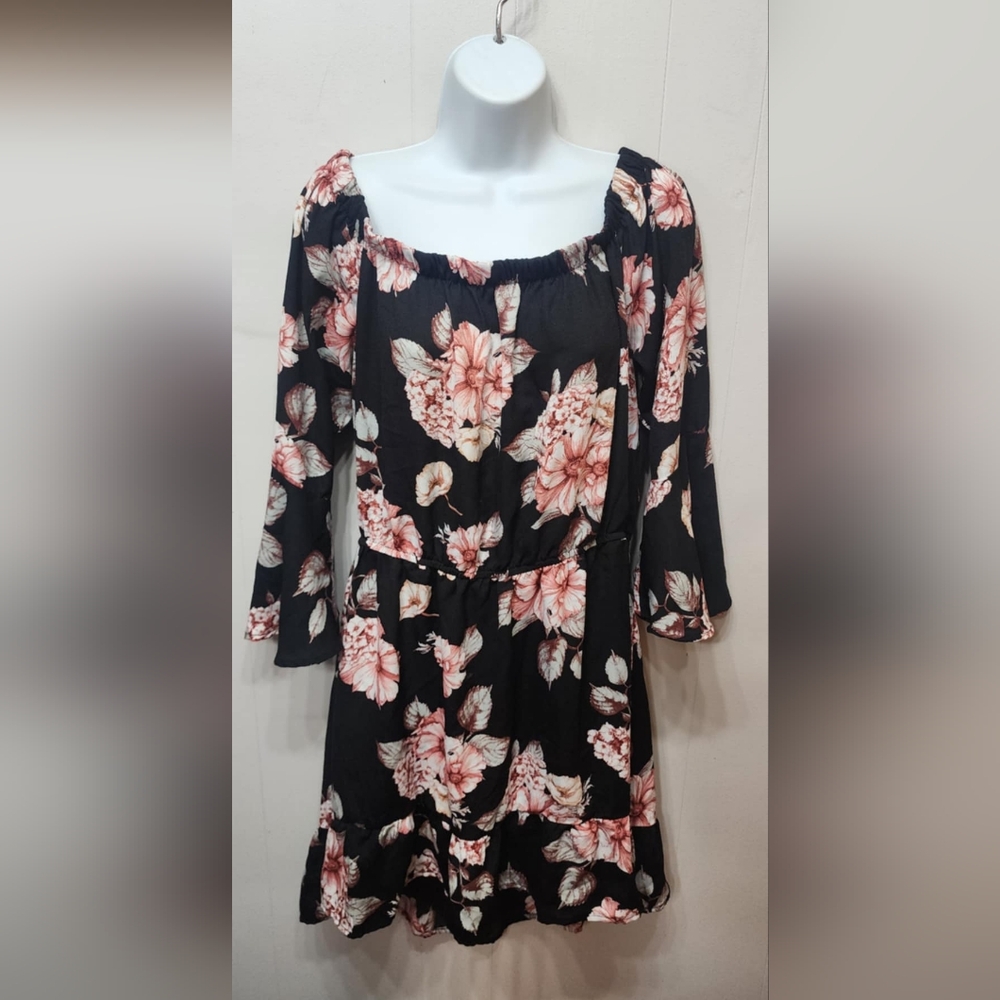 Xhiliration‎ Dress Large Floral Black Pink Lightweight C268Z